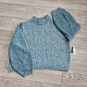 BP. Green & White Marled Cropped Chunky Knit Mock Neck Sweater